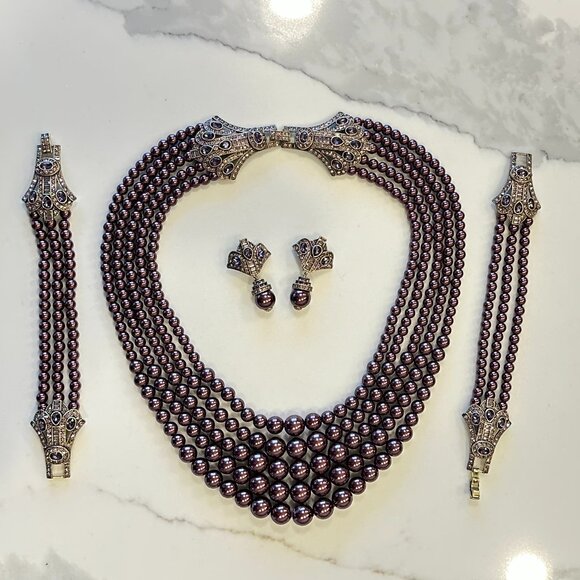 Rare Heidi Daus Age of Elegance Aubergine Pearls 5-string Jewelry Set - Picture 3 of 14